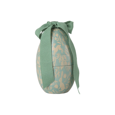 Decorative Maileg Easter Egg with floral pattern and blue/green ribbon on a white background