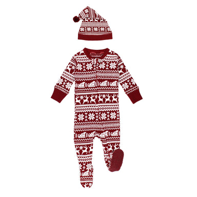 Santa's Sleigh Holiday Thermal 2 Way Zipper Footie & Cap Set