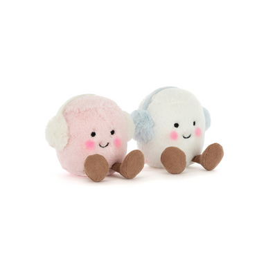 an image of a white background with two marshmallows stuffed toys, one pink and one white, are sitting next to one another. they have ear muff on, smiling faces, and rosy cheeks! 