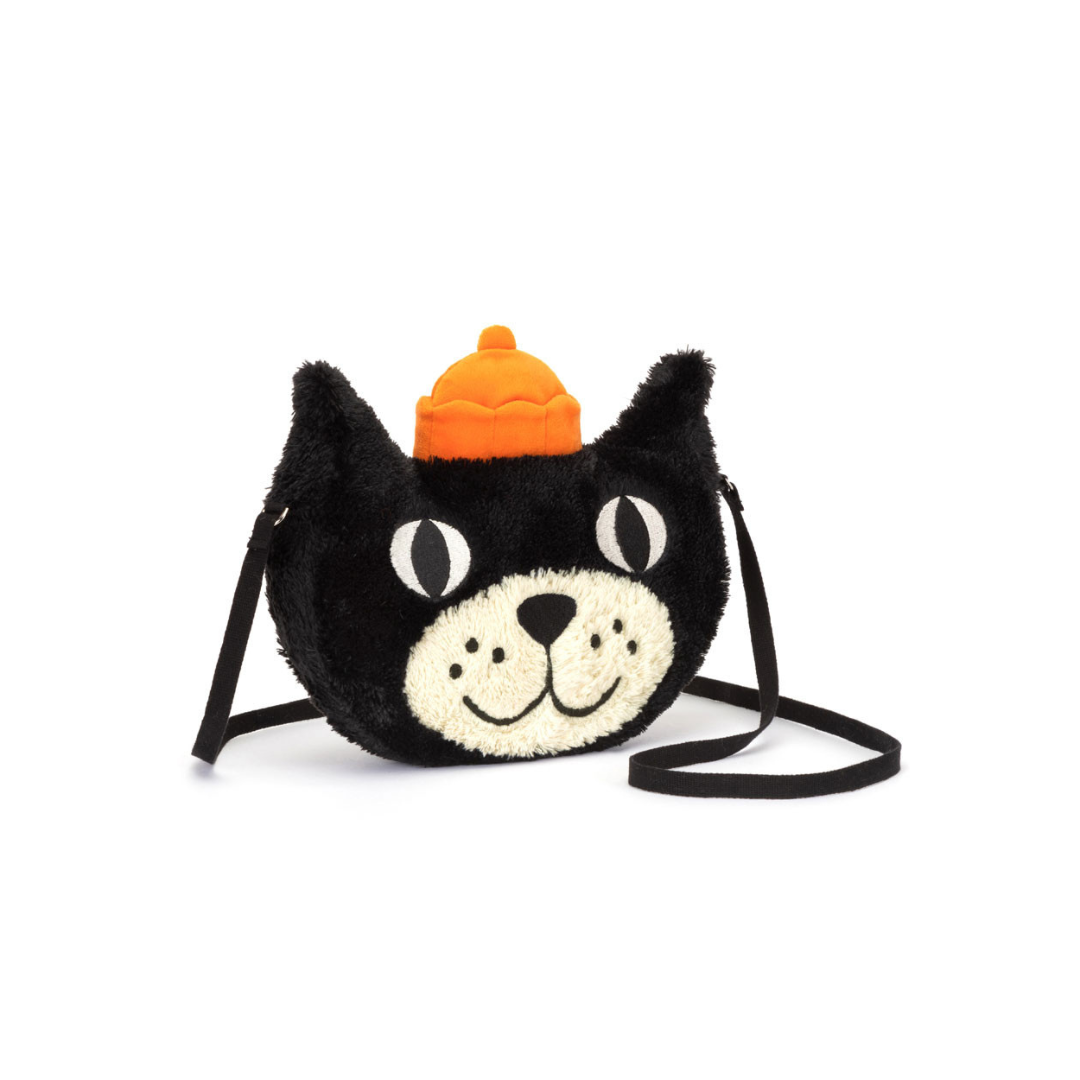 A white background with a purse in the center. The purse is a black cat hear with an orange hat. 