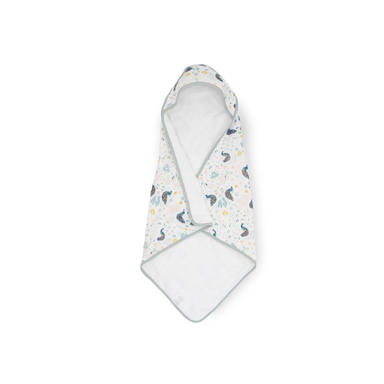 An image of the Little Unicorn Cotton Muslin Infant Hooded Towel in the pattern Peacock set against a white background!