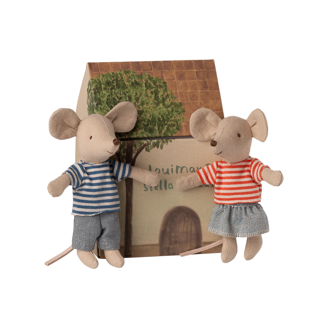 Maileg LouiMax and Stella, Little Brother and Sister Mice stuffed toys against a white background 