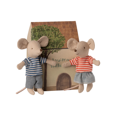 Maileg LouiMax and Stella, Little Brother and Sister Mice stuffed toys against a white background 