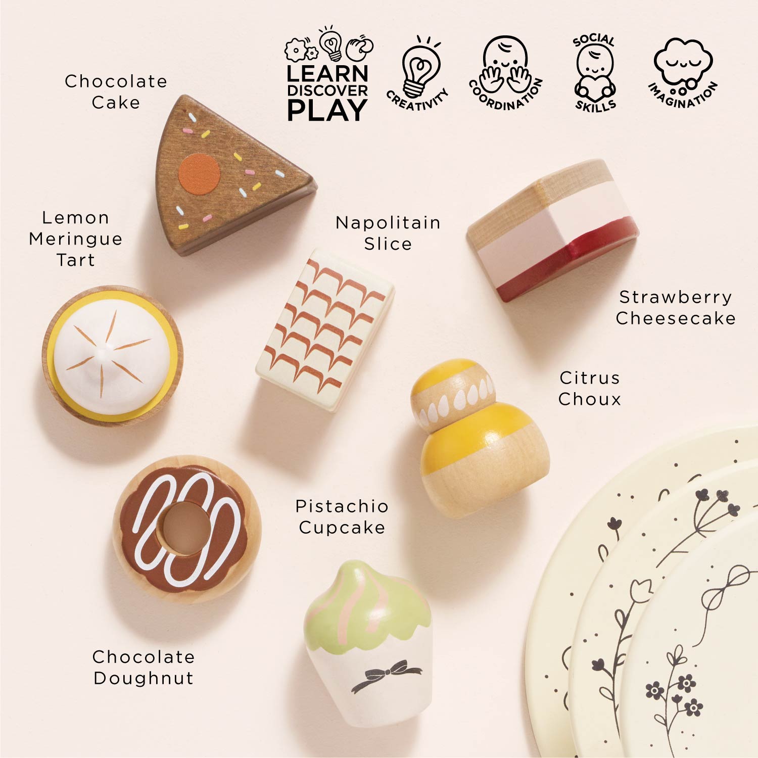 Le Toy Van Wooden Toy Cake Stand & Selection of 7 Eco-Friendly Treats