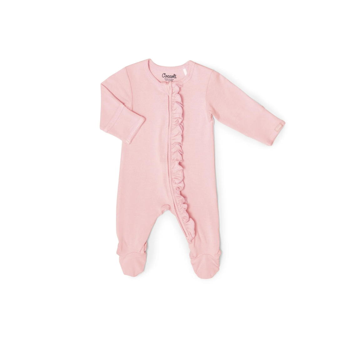 Ruffle Zip Footie, Silver Pink