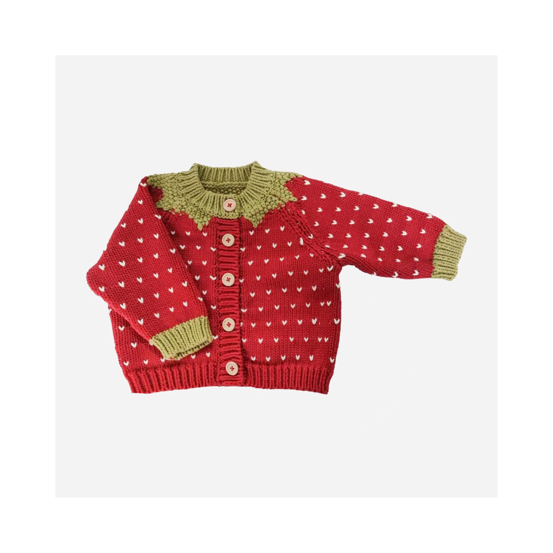 Red Strawberry Cotton Embroidered Cardigan