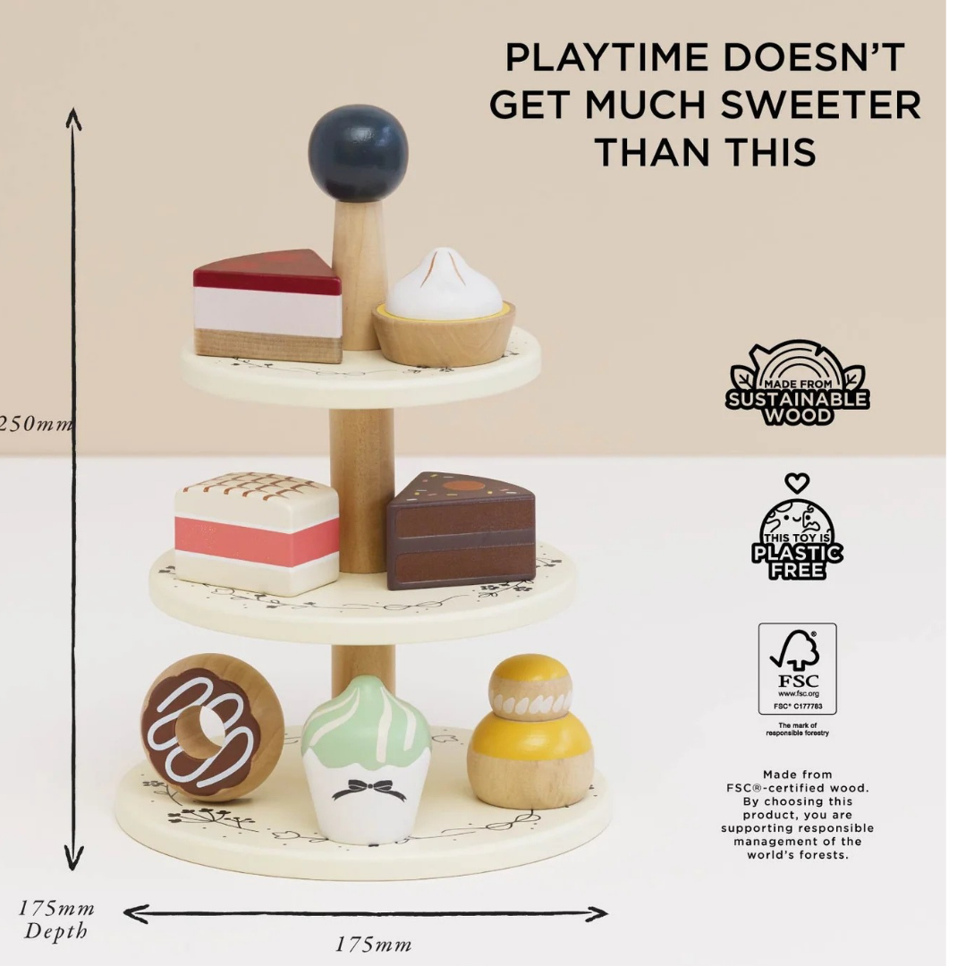 Wooden Toy Cake Stand & Selection of 7 Eco-Friendly Treats