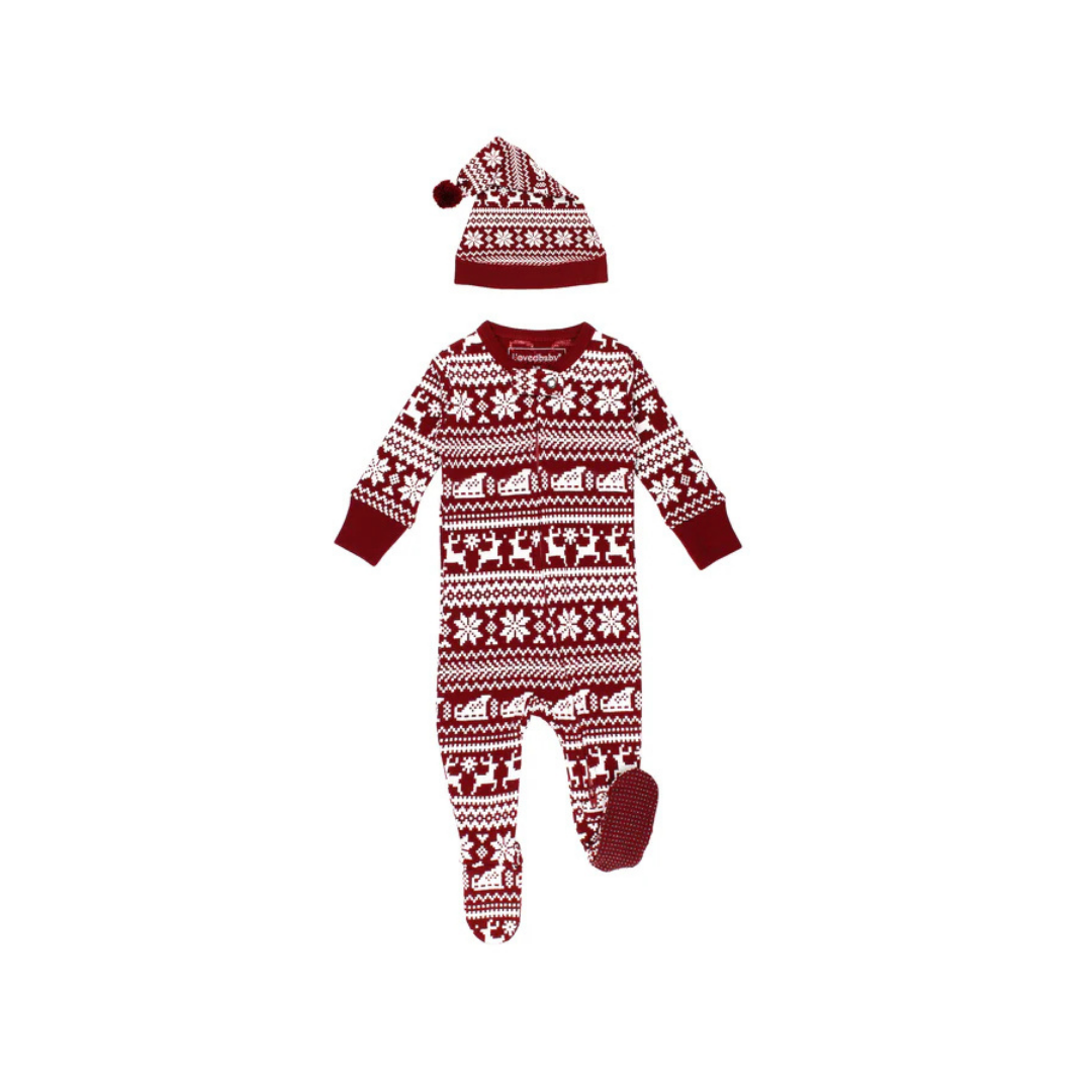 Santa's Sleigh Holiday Thermal 2 Way Zipper Footie & Cap Set