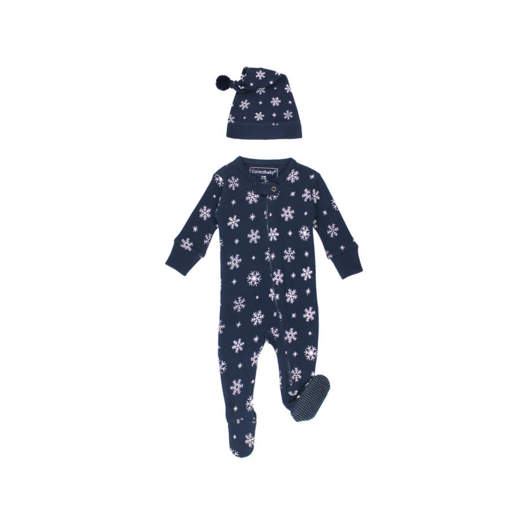 Snowy Night Holiday Thermal 2 Way Zipper Footie & Cap Set