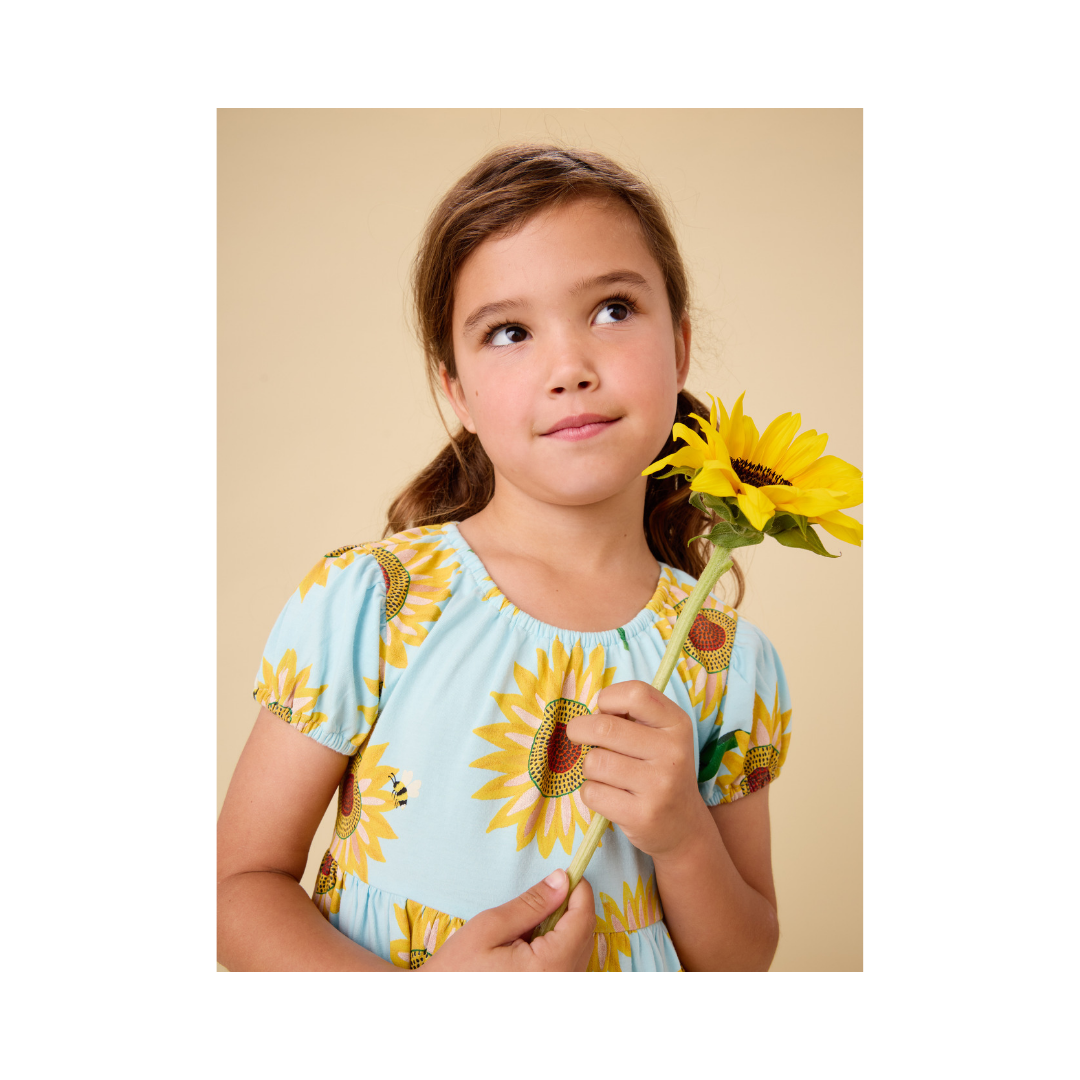 Painted Sunflowers Puff Sleeve Empire Dress