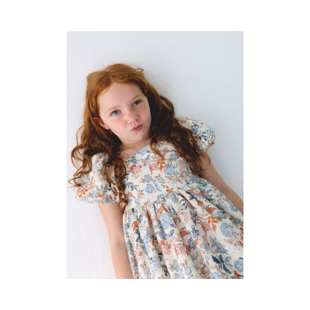 Salmon Puff Sleeve Floral Dress