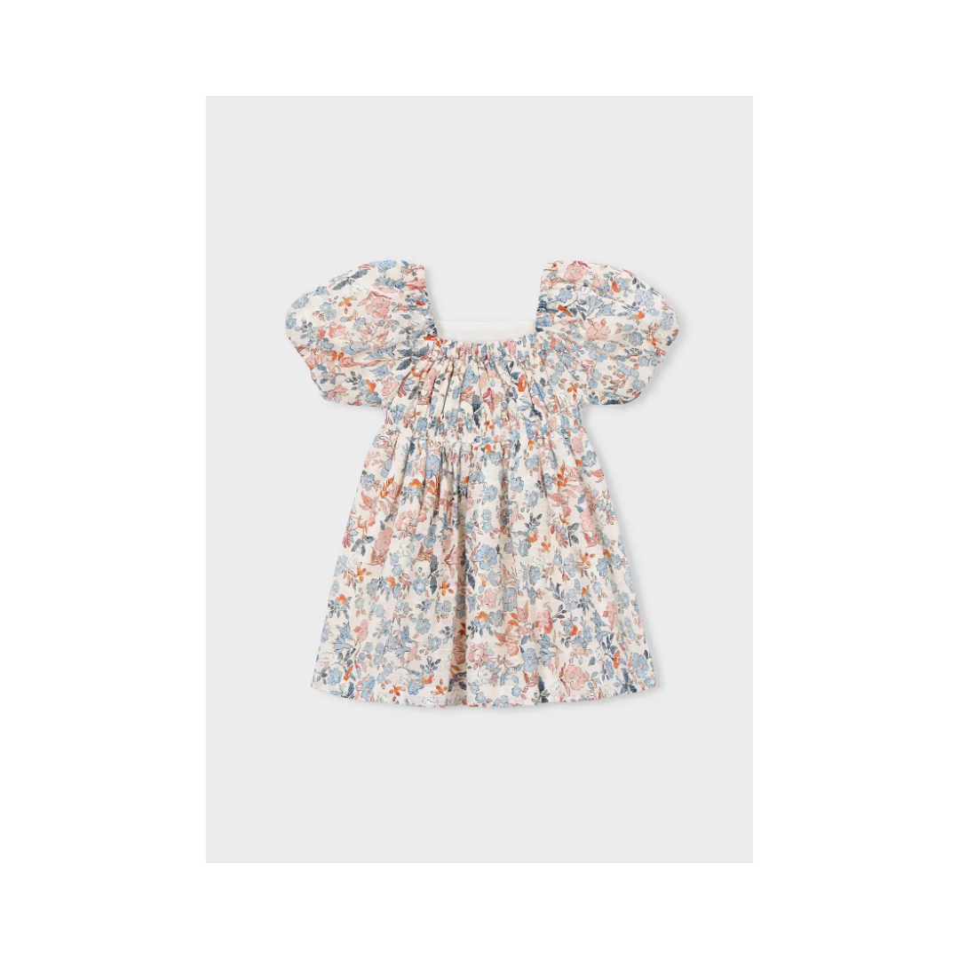 Salmon Puff Sleeve Floral Dress
