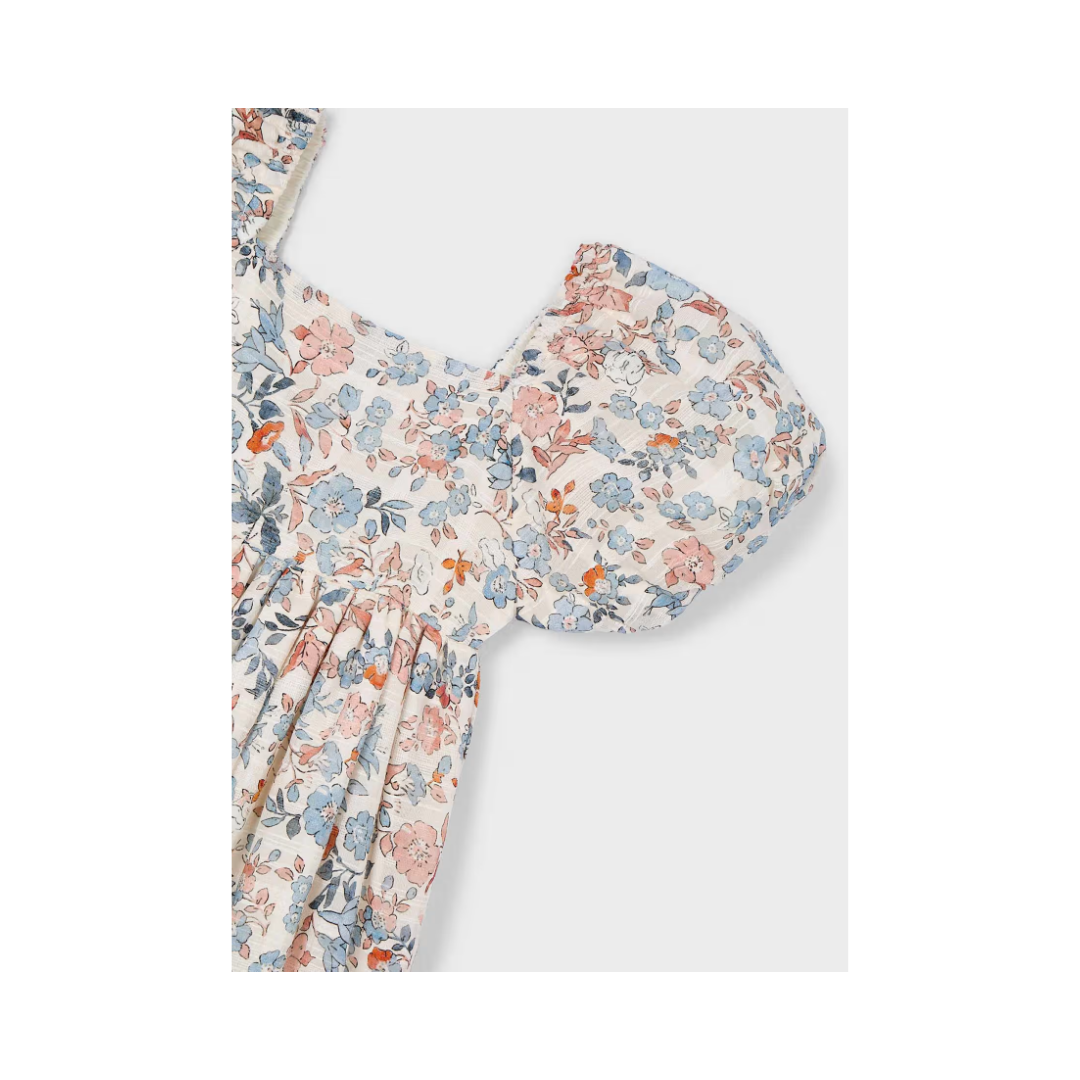 Salmon Puff Sleeve Floral Dress