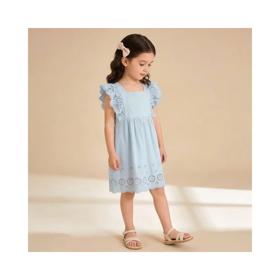 Light Blue Organic Eyelet Flutter Dress