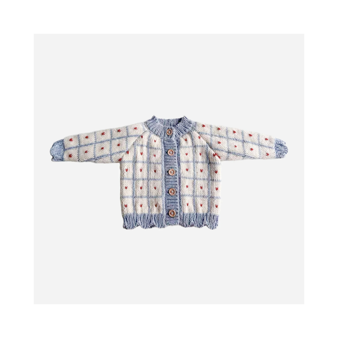 Windowpane Heart Cardigan Blue Checkered