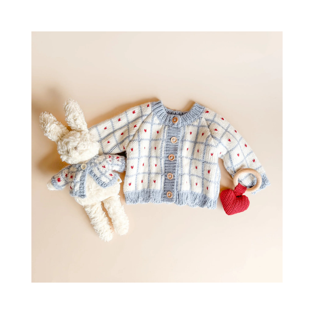 Windowpane Heart Cardigan Blue Checkered