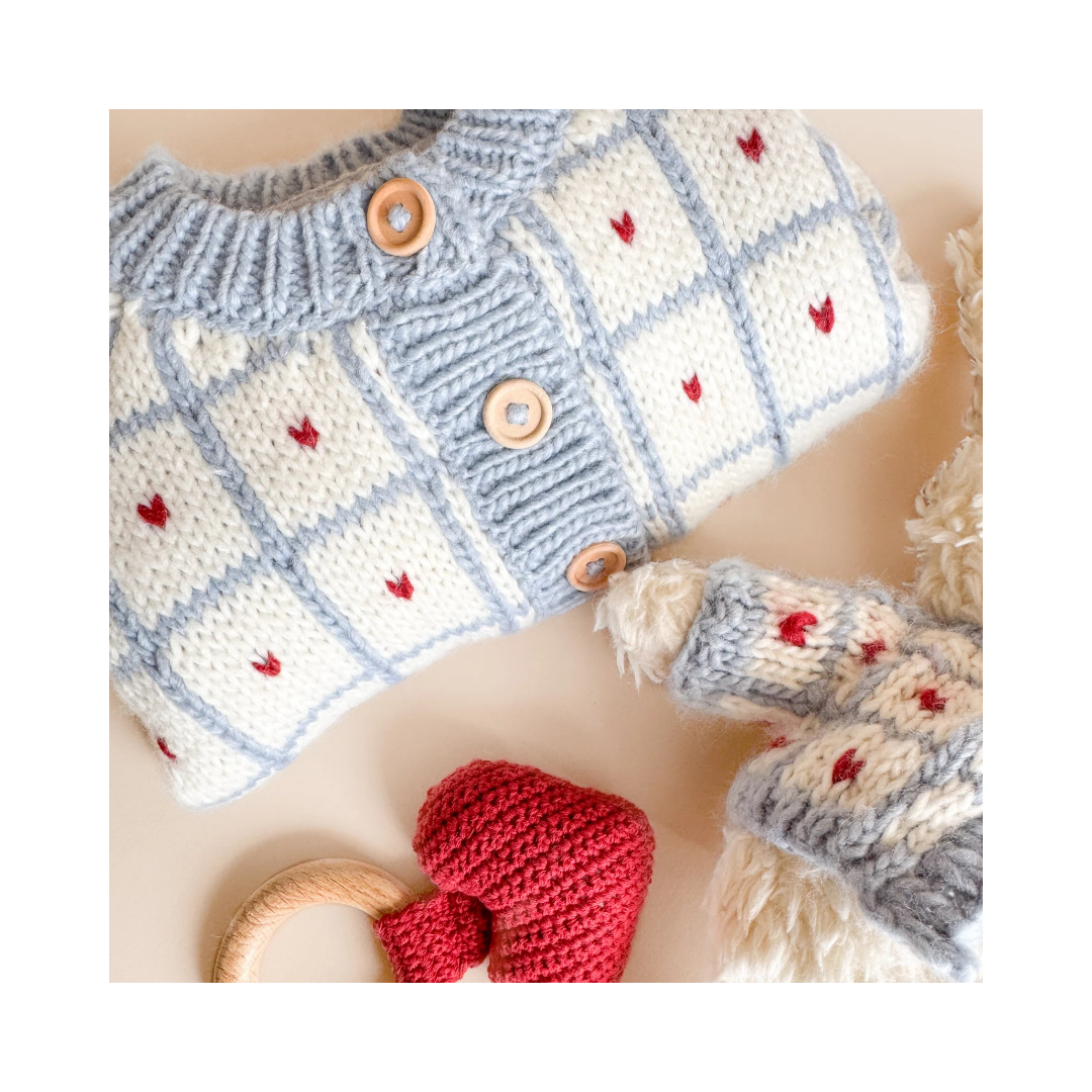Windowpane Heart Cardigan Blue Checkered