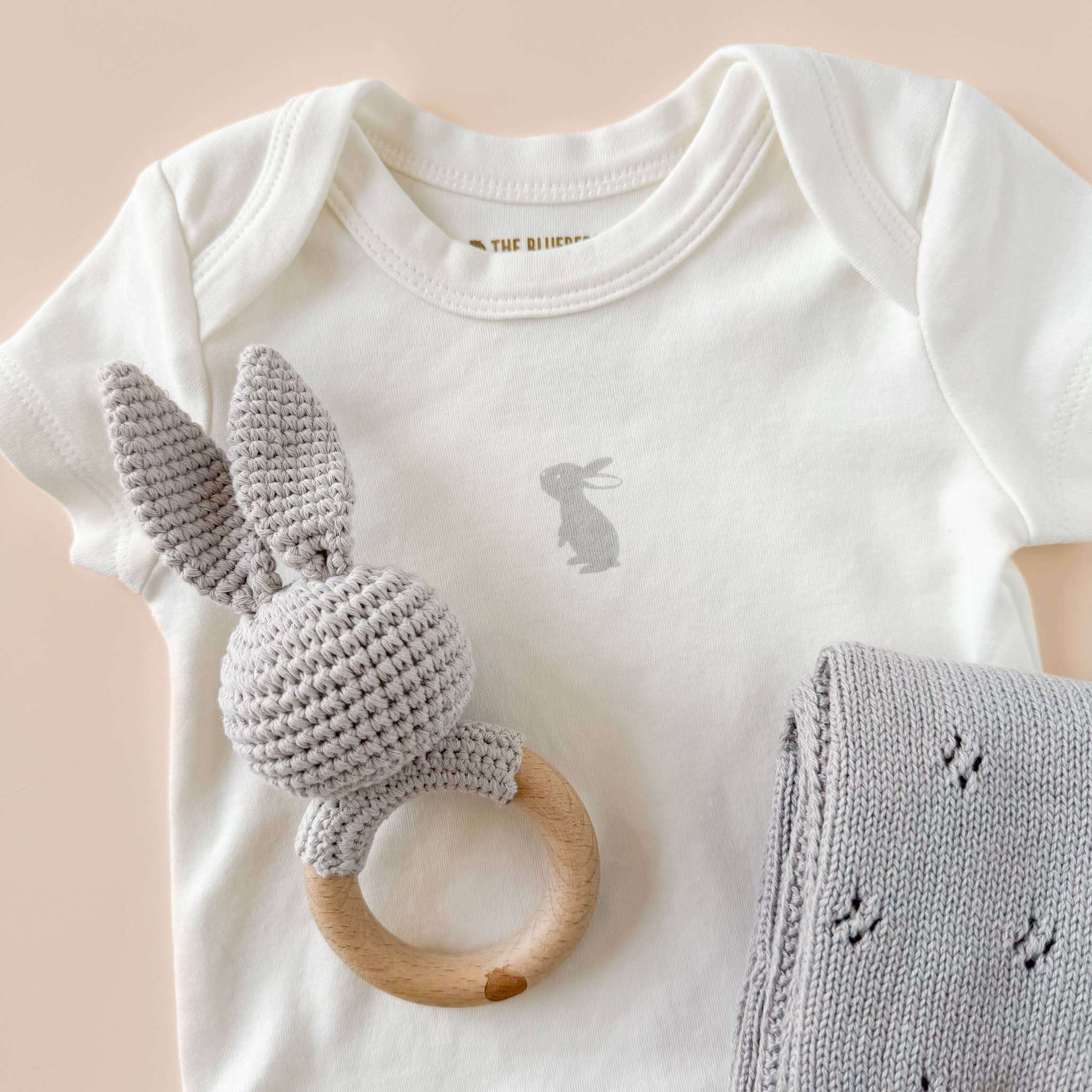 Cotton Rattle Teether Grey Bunny Baby Gift Crochet Spring