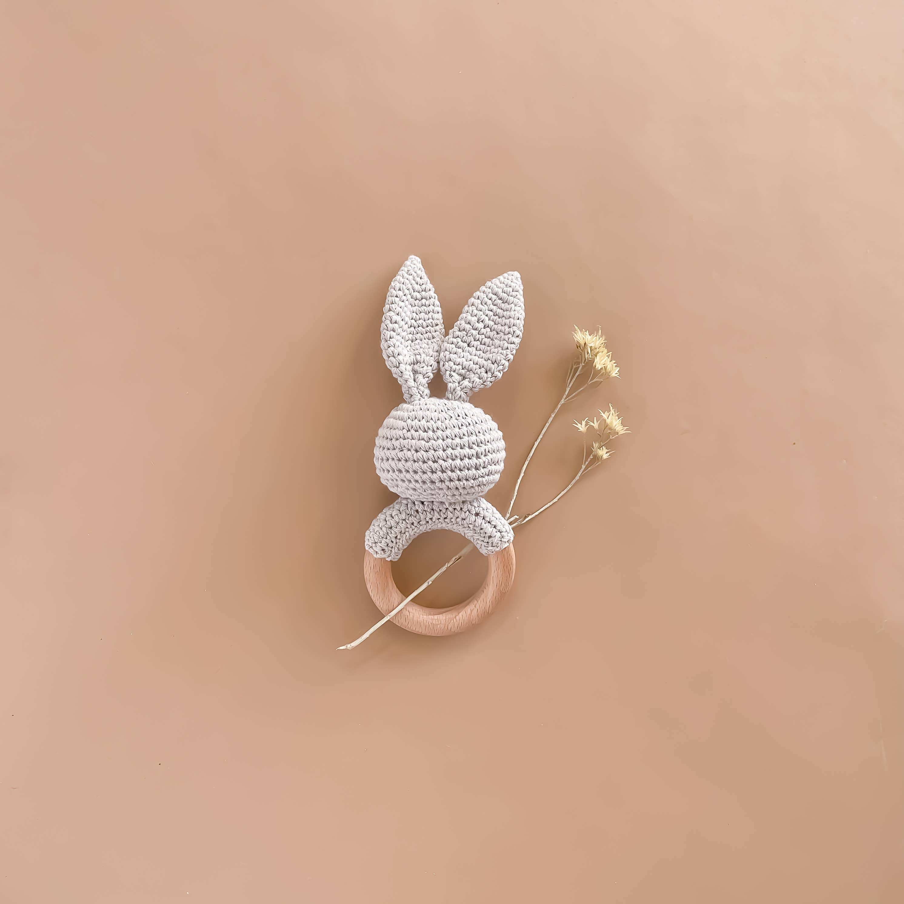 Cotton Rattle Teether Grey Bunny Baby Gift Crochet Spring