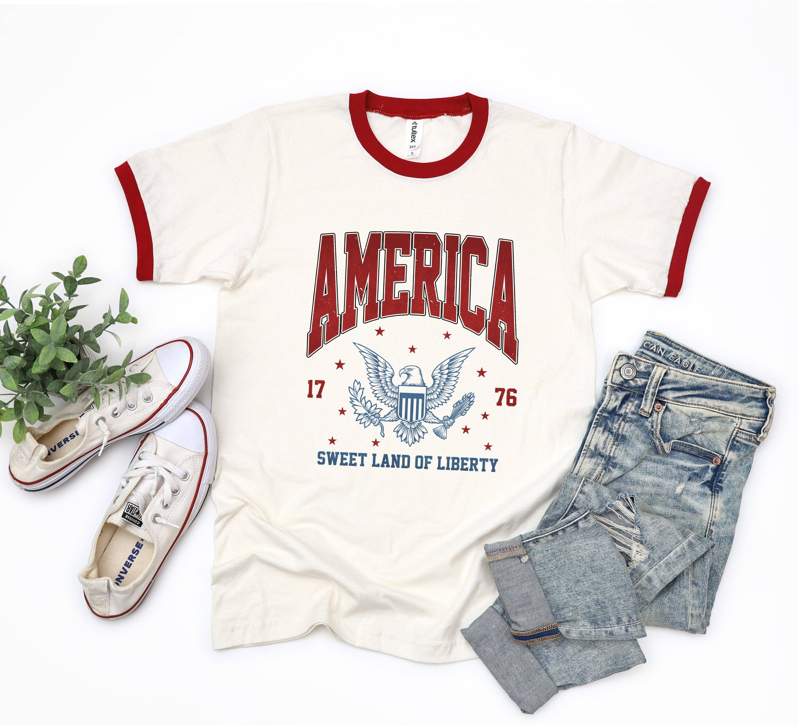America Land Of Liberty Eagle | Ringer Tee: Vintage Navy / Multi Ink / Small