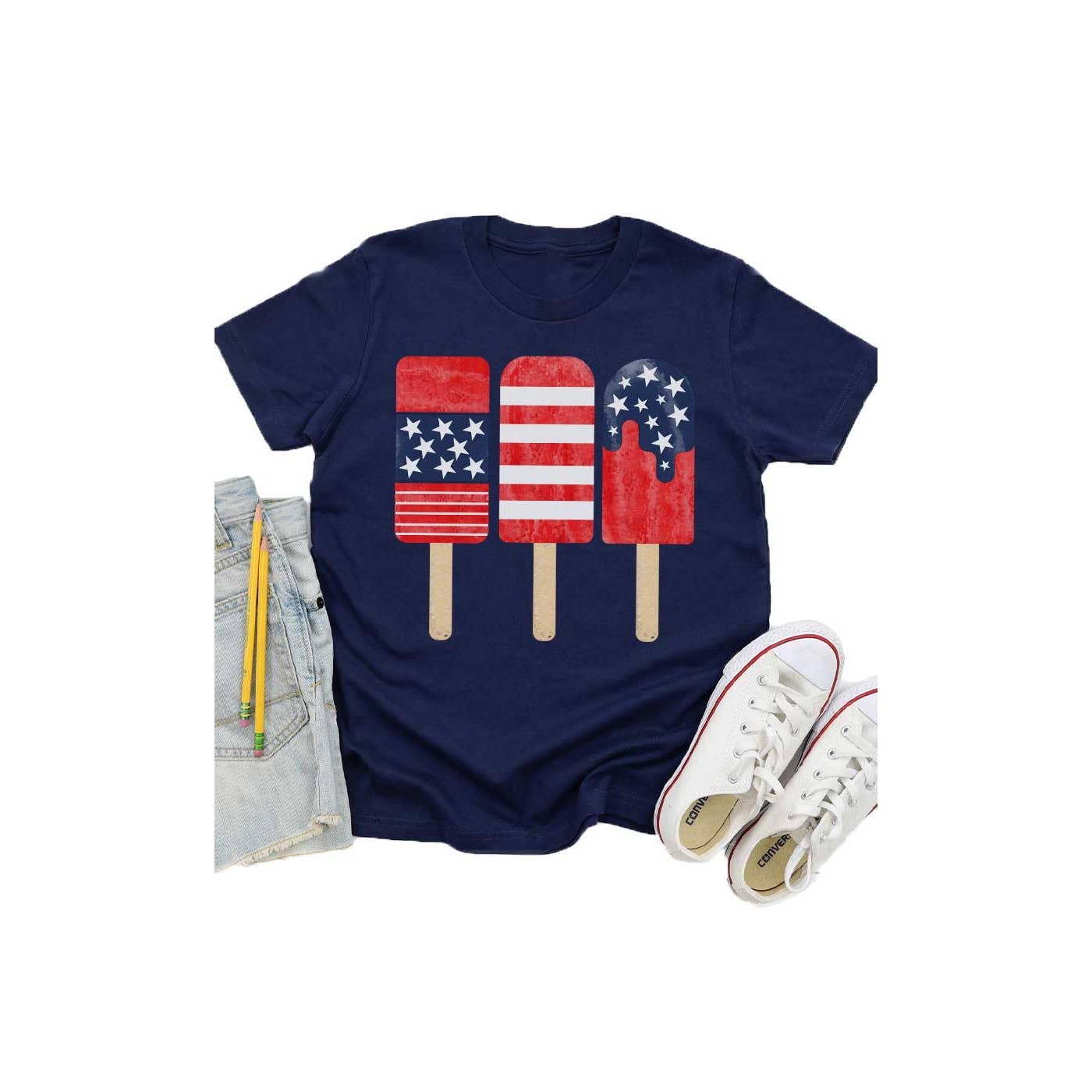 Retro Patriotic Popsicle Kids Graphic Tee: Navy / YM
