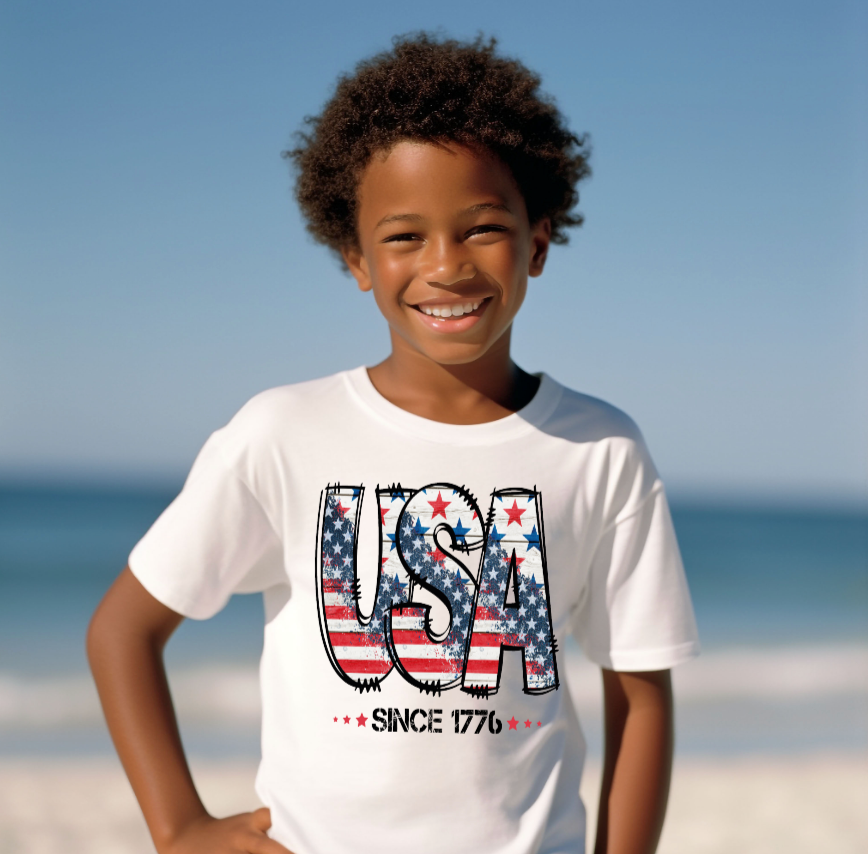 USA Since 1776 4th of July, American Flag Unisex Tee Shirt: White / 3T / Short Sleeves