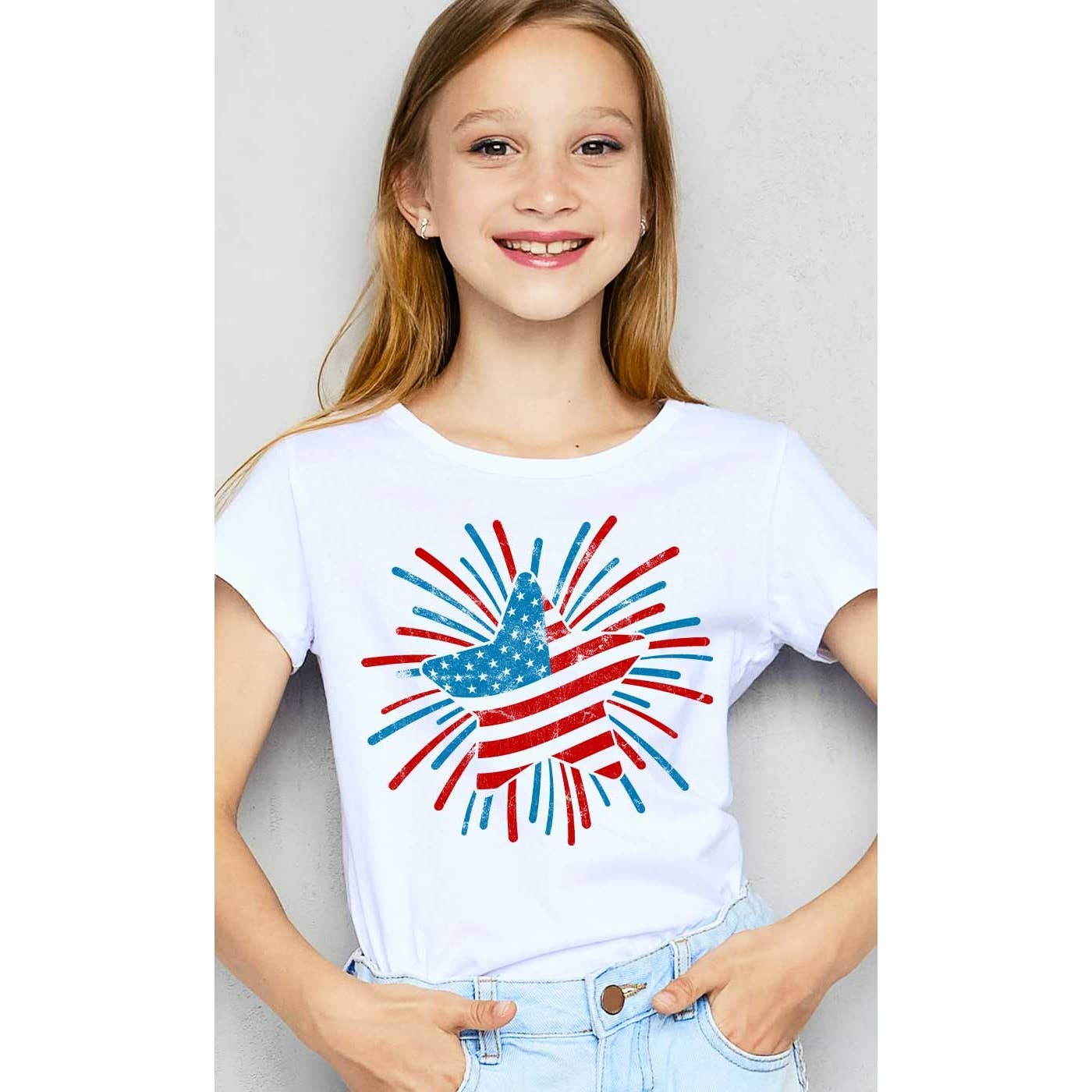 Patriotic 4th of July Firework Star Kids Graphic Tee: White / YM