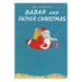 Cover of Babar and Father Christmas by Jean de Brunhoff, showing Babar the elephant dressed as Father Christmas, flying through a snowy blue sky with a sack of toys