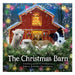 Cover of The Christmas Barn by John and Jennifer Churchman, showing an alpaca, sheep and a black-and-white dog gathered in front of a glowing red barn trimmed with Christmas lights