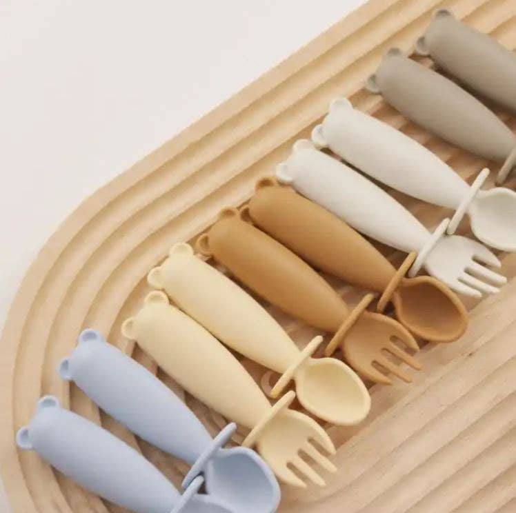 LIMITED STOCK!!! SILI SPOON & FORK TEETHER SET: MIsty Rose