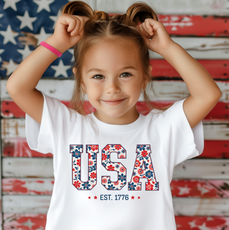 Floral USA 4th of July  Girls Tee Shirt, America : White / 18-24 Month Tee / Short Sleeves