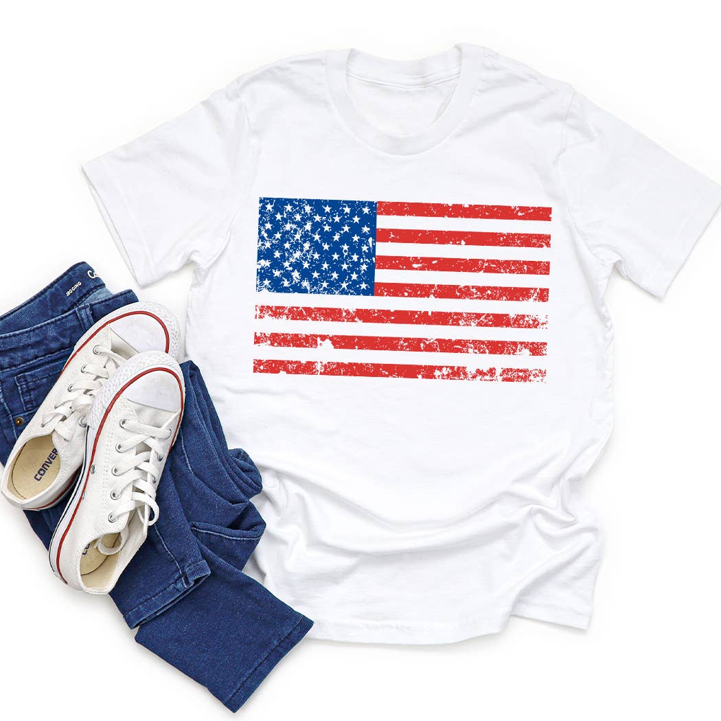 Distressed American Flag Graphic Tee: White / YS