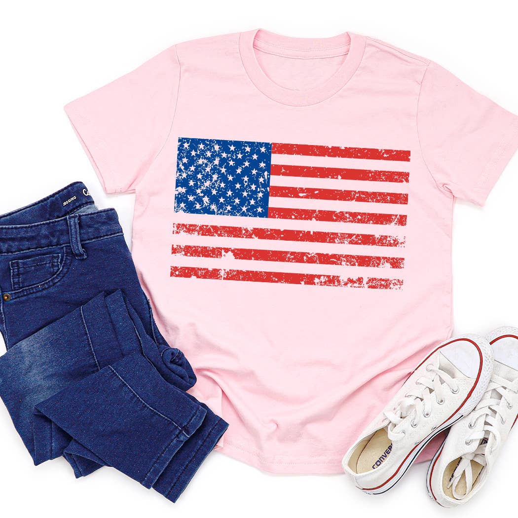 Distressed American Flag Graphic Tee: White / YL