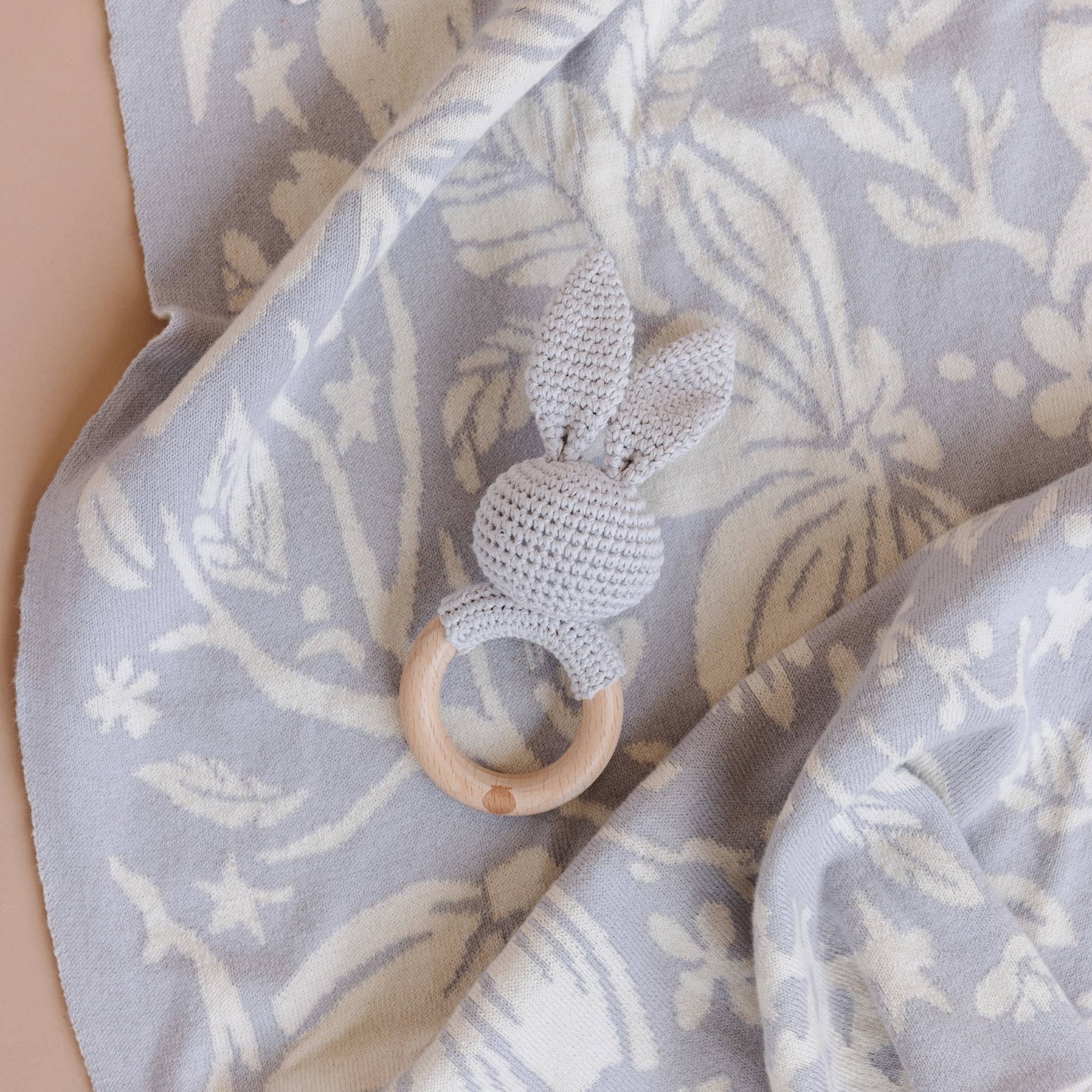 Cotton Rattle Teether Grey Bunny Baby Gift Crochet Spring