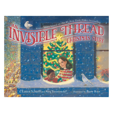 Cover of An Invisible Thread Christmas Story, showing a lit window with a decorated Christmas tree glowing on a snowy blue evening