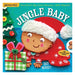 Cover of Indestructibles: Jingle Baby by Kate Merritt, showing a smiling baby in a red Santa hat holding a green wrapped present beside a Christmas tree