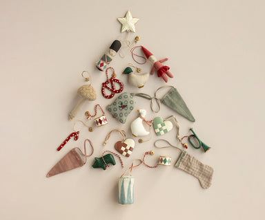 Maileg Winter Heart mushroom ornament shown with other decorations sold separately