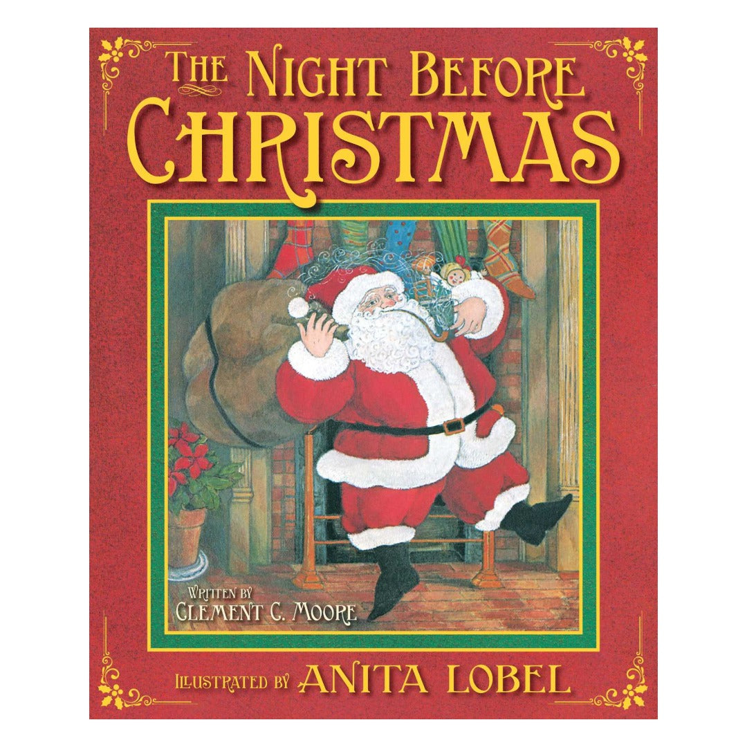 Cover of The Night Before Christmas illustrated by Anita Lobel, showing Santa with his sack of toys stepping through a doorway, framed by a red and gold border