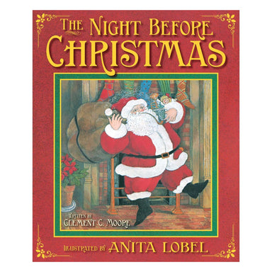Cover of The Night Before Christmas illustrated by Anita Lobel, showing Santa with his sack of toys stepping through a doorway, framed by a red and gold border