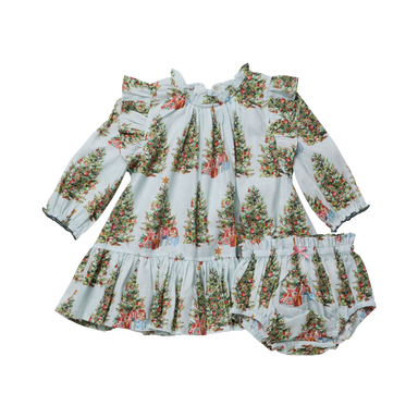 Pink Chicken Harper baby dress set in Trees and Presents print