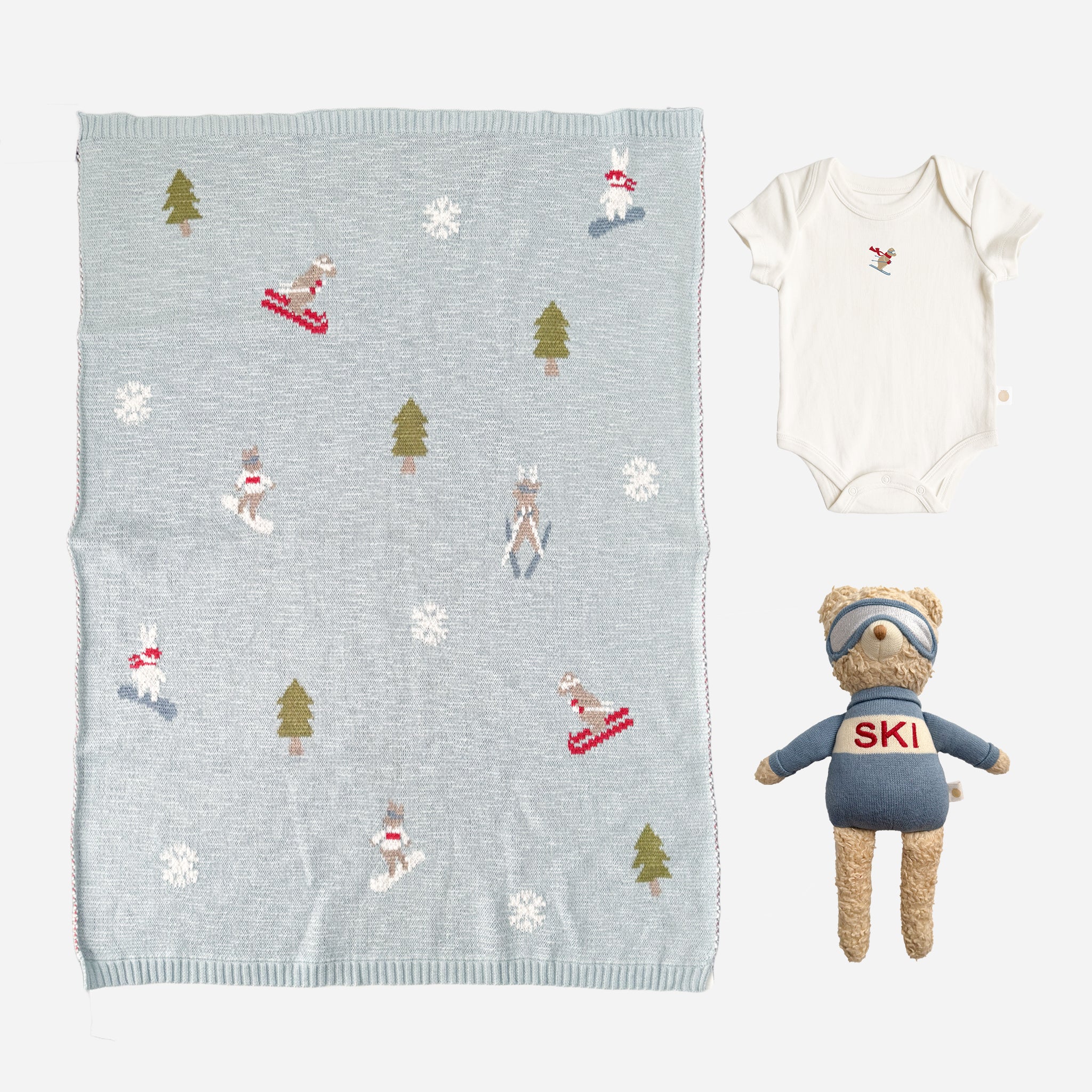 The Blueberry Hill Ski Blanket, Onesie and Benjamin Bear gift set