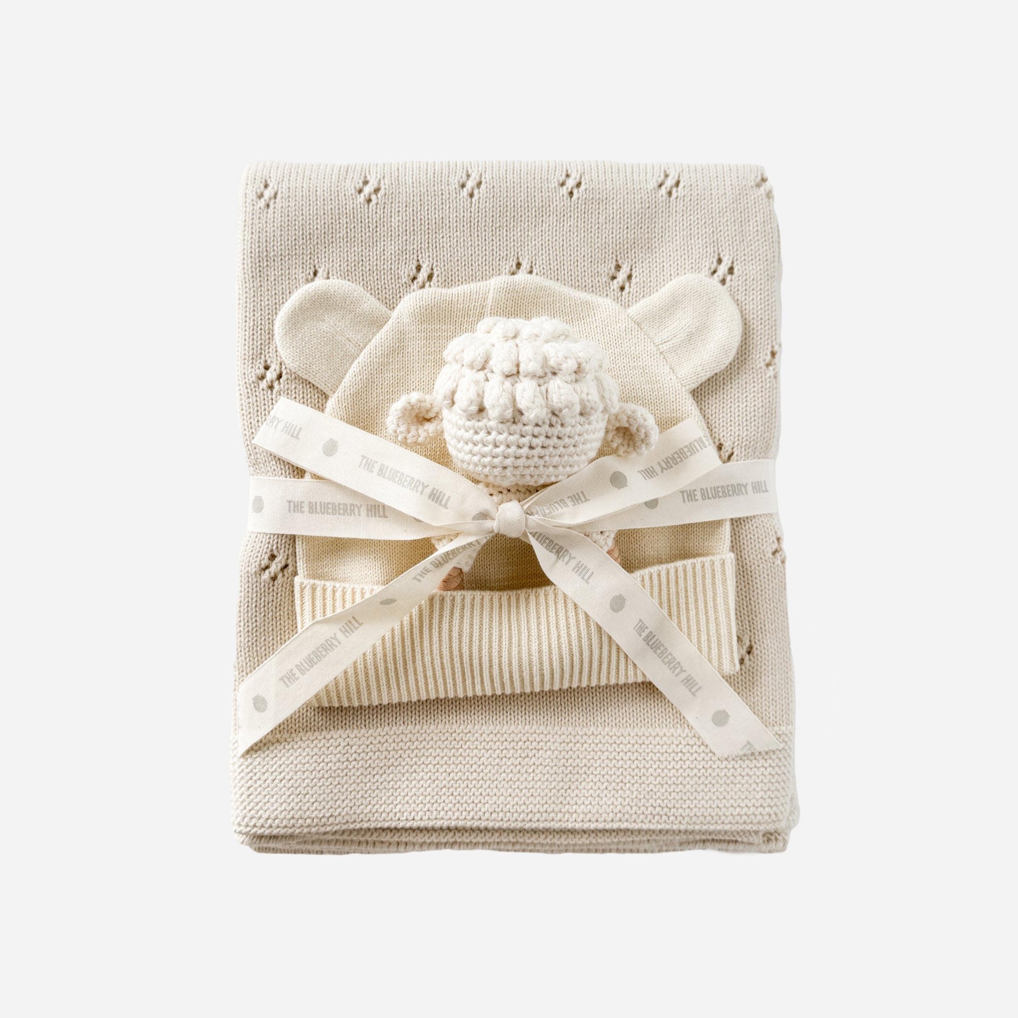 Pique Blanket, Hat & Lamb Rattle  Gift Cream